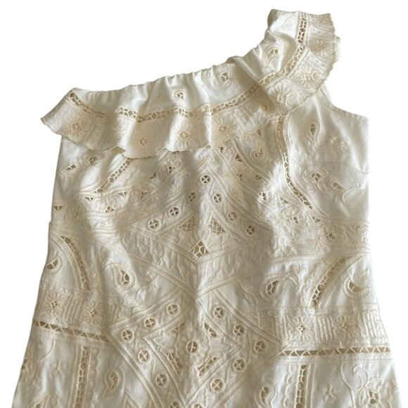 Pho Firenze One Shoulder Shift Mini Dress Small S Cream Knit Embroidered Eyelet - Picture 3 of 8